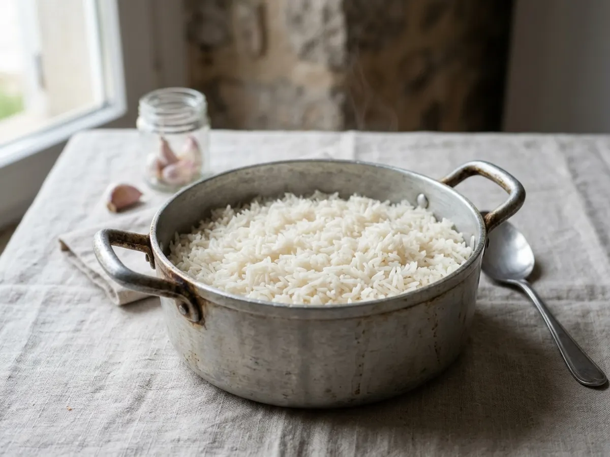 Panela de arroz branco soltinho com os grãos separados