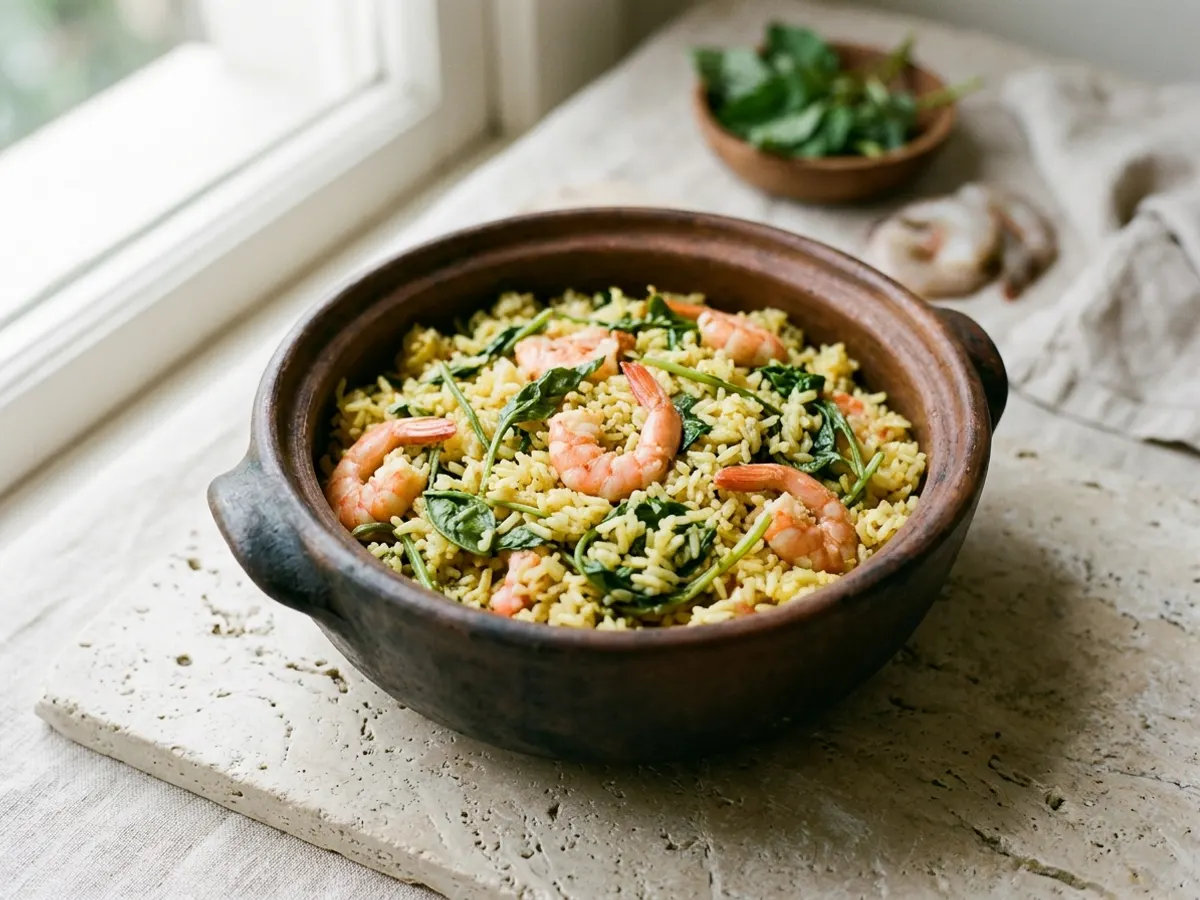 Arroz amarelado com camarões e folhas de jambu numa panela