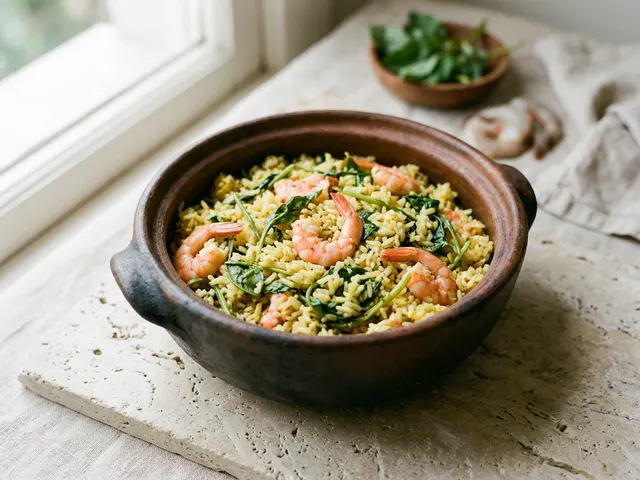 Arroz amarelado com camarões e folhas de jambu numa panela