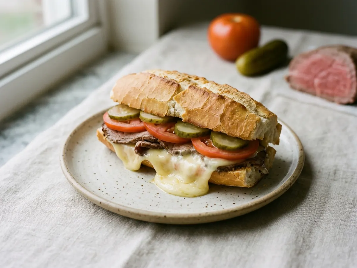 Open bauru sandwich showing roast beef, tomato, pickles and melted cheese