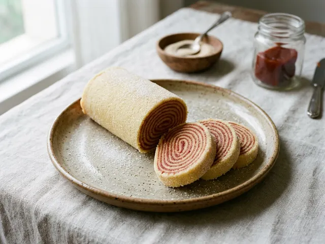 Fatias de bolo de rolo mostrando a espiral de massa fina e goiabada