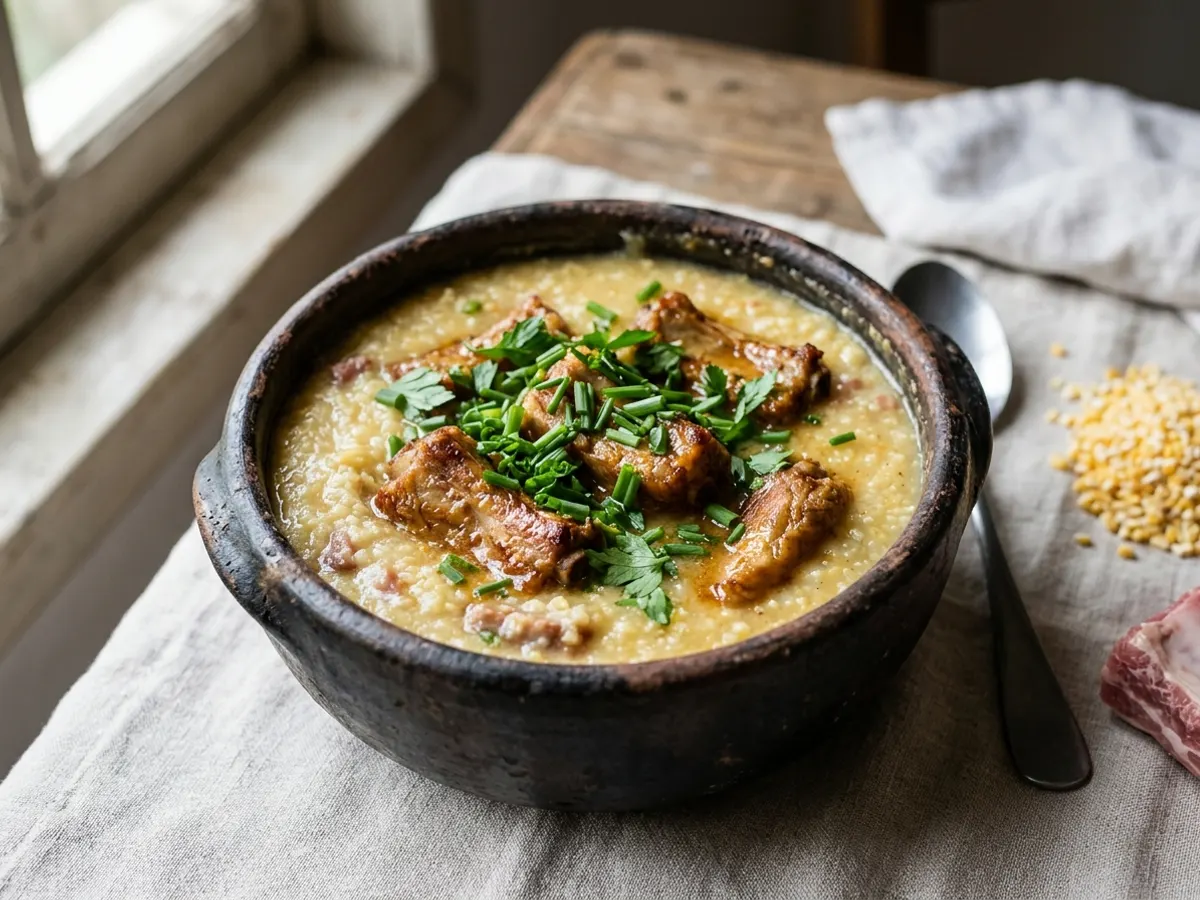 Panela de canjiquinha cremosa com pedaços de costelinha de porco e cheiro-verde