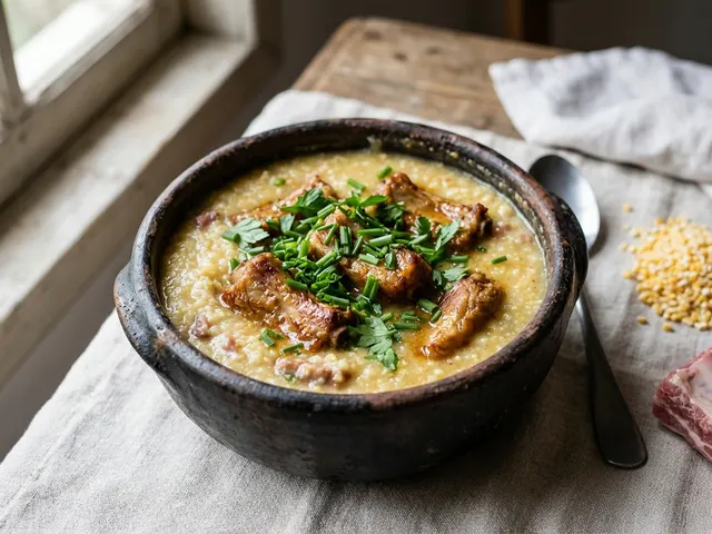 Panela de canjiquinha cremosa com pedaços de costelinha de porco e cheiro-verde