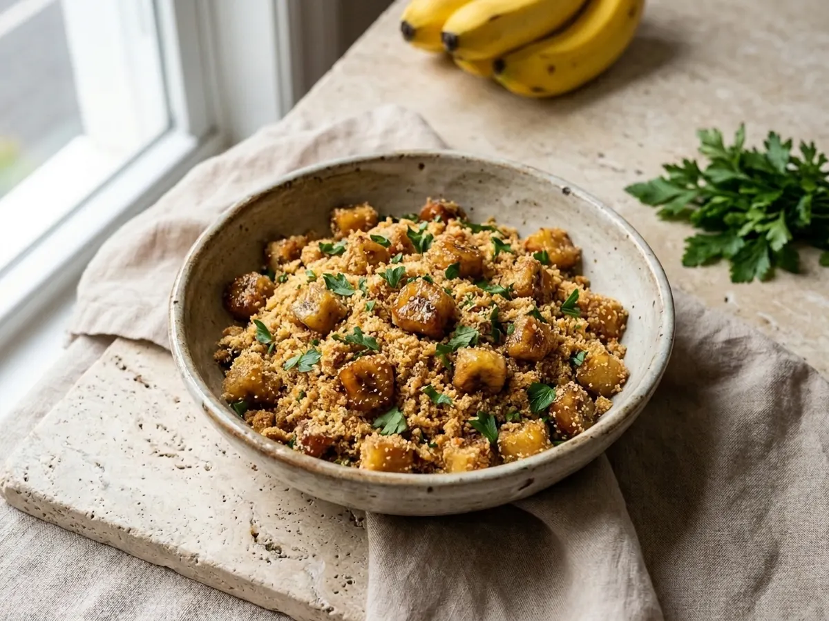 Golden farofa with caramelized plantain cubes and parsley